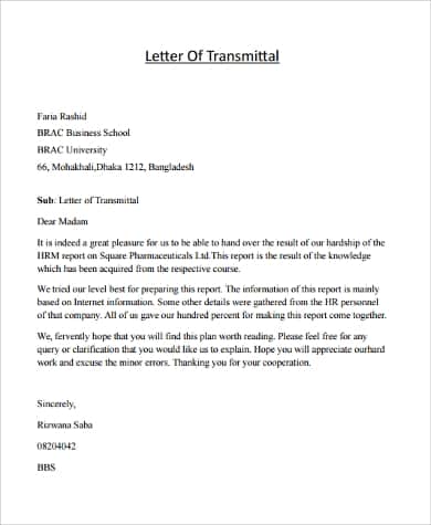 transmittal letter sample for research paper