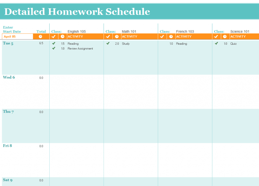 homework schedule template word