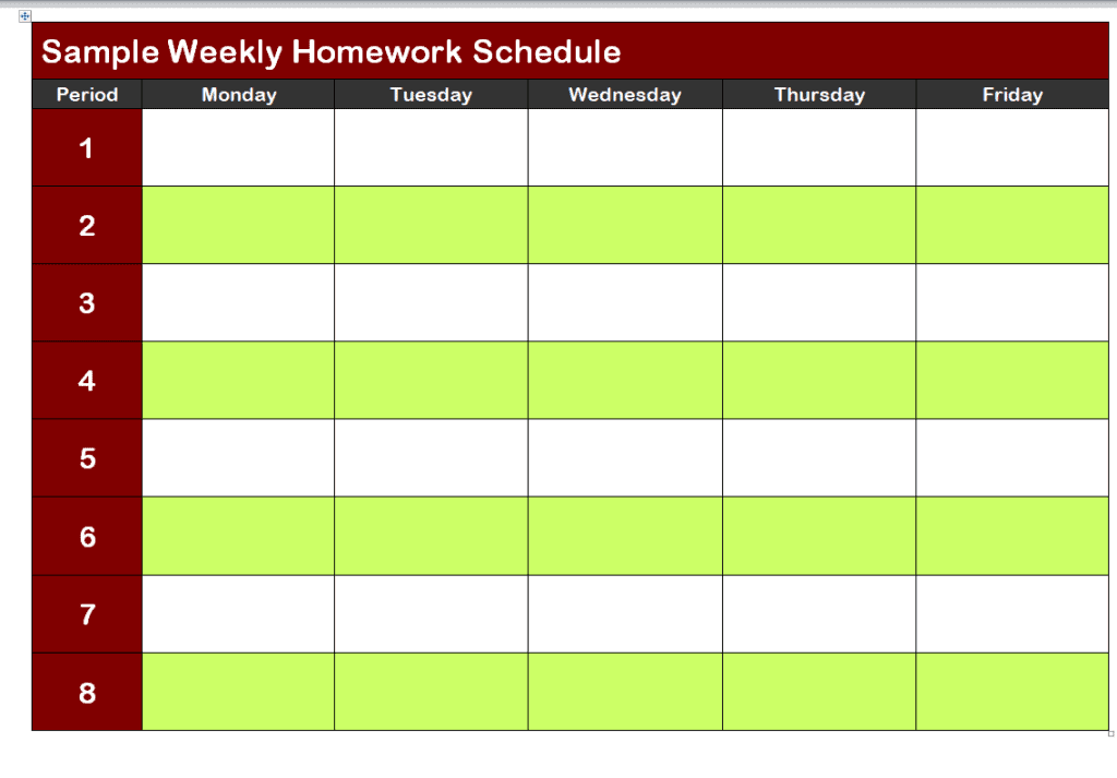 homework schedule template word